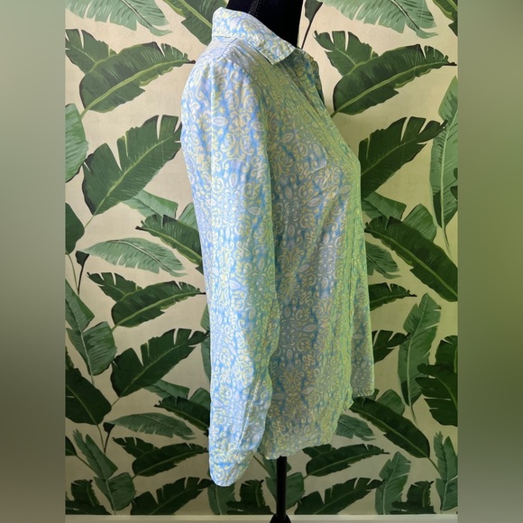 J McLaughlin Womens Blue Yellow Button Down Medallion Blouse Top Cotton Silk XS - Picture 7 of 9